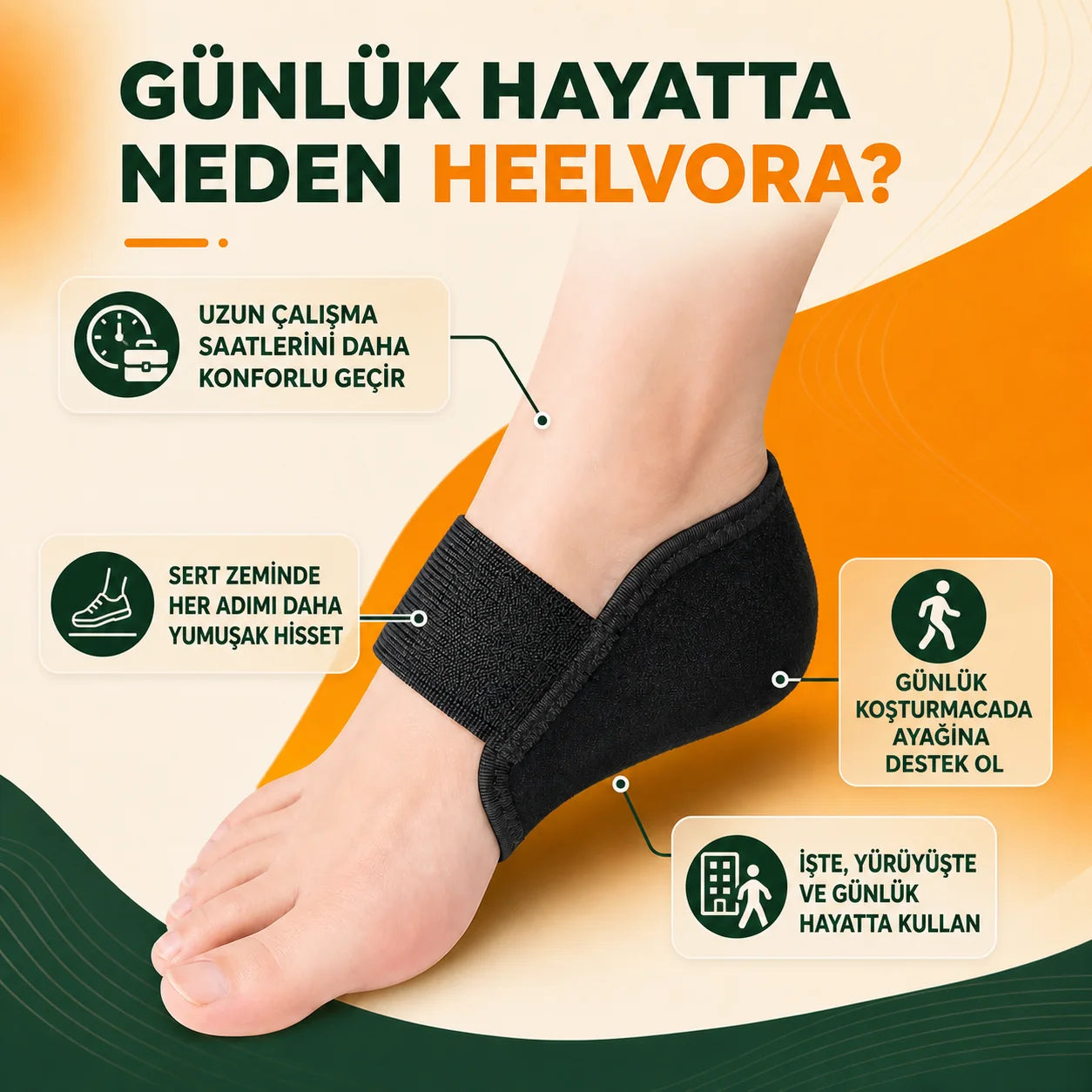 Heelvora topuk koruyucunun uzun çalışma saatleri, sert zemin ve günlük kullanım için sunduğu konfor desteği