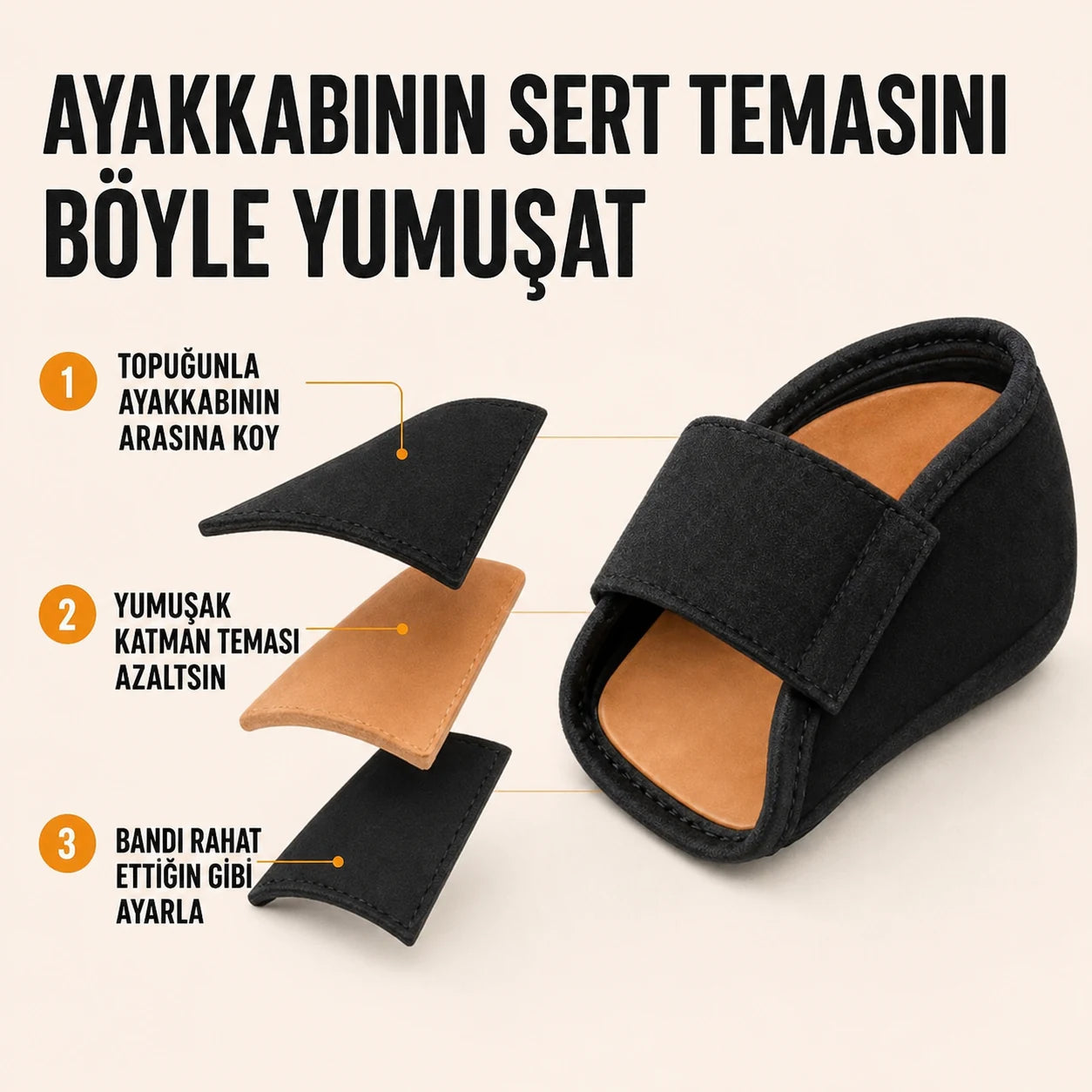 Kumaş dış yüzey, yumuşak destek katmanı ve esnek bandı gösteren Türkçe infografik