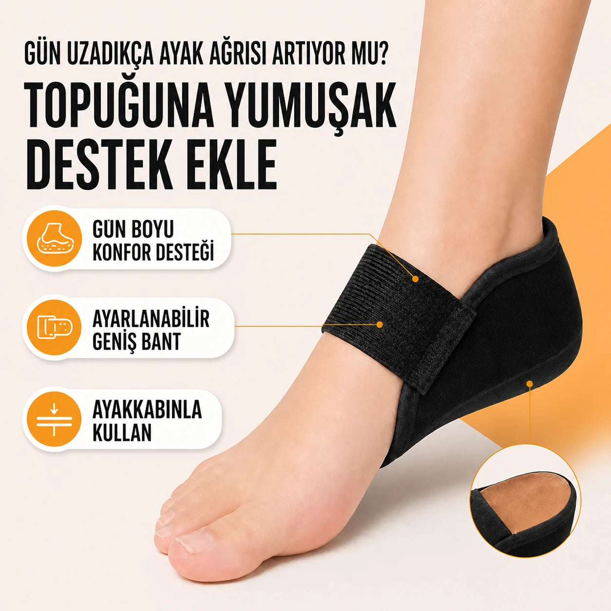 Gün uzadıkça artan ayak ağrısına karşı yumuşak konfor desteği sunan siyah topuk koruyucu
