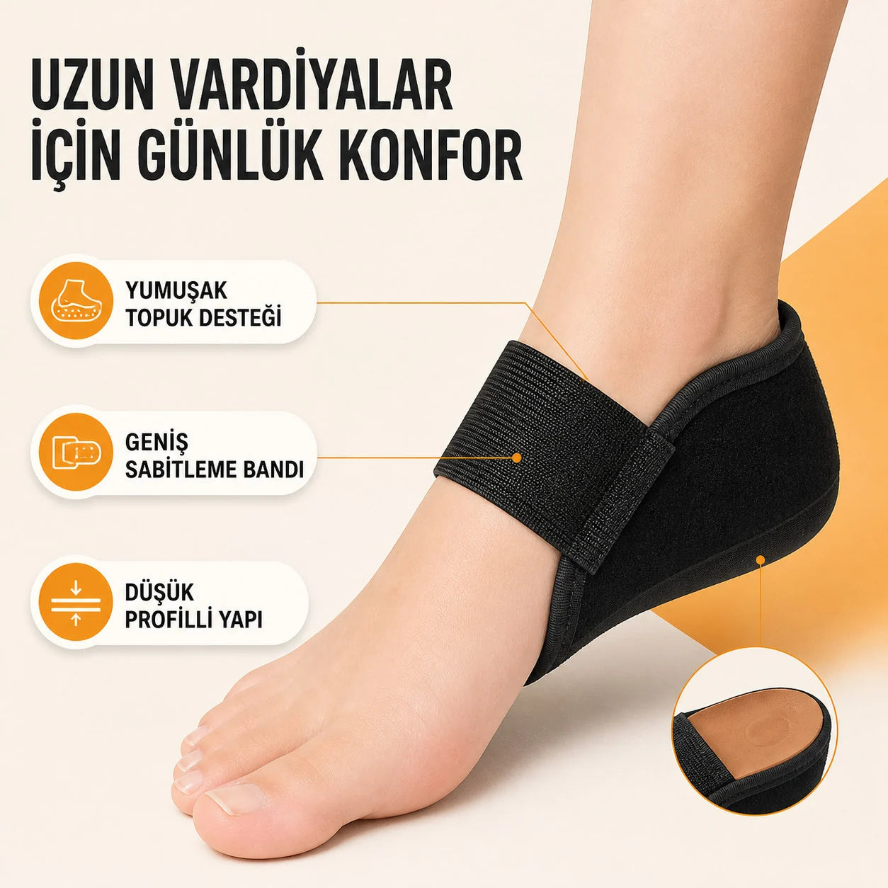 Uzun vardiyalar için özellik açıklamalı siyah topuk koruyucu