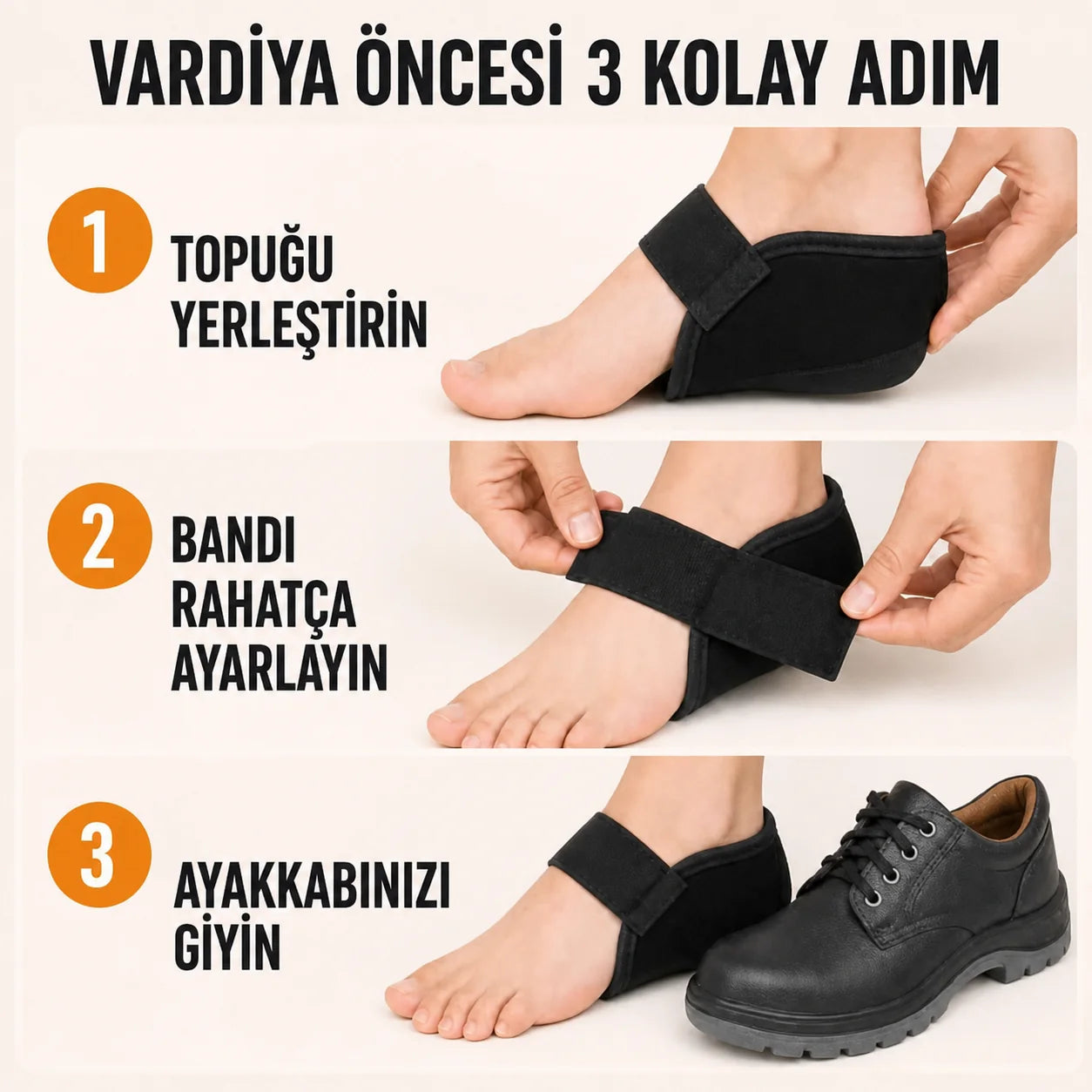 Topuk koruyucunun üç adımda kullanımını gösteren Türkçe infografik