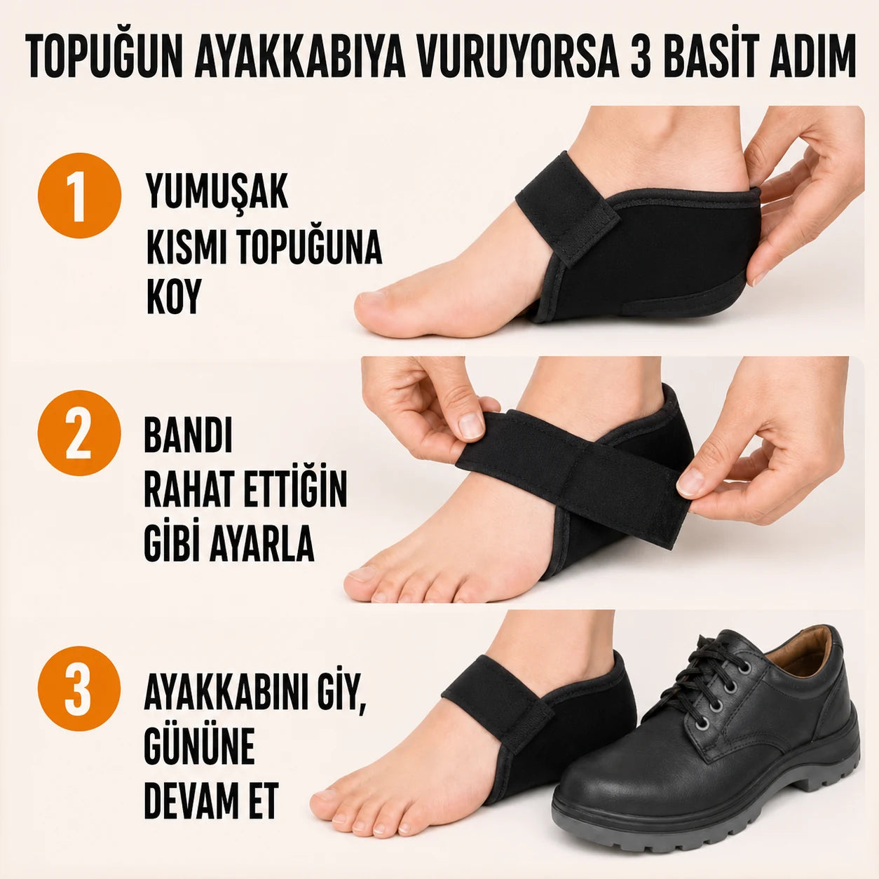 Topuk koruyucunun üç adımda kullanımını gösteren Türkçe infografik